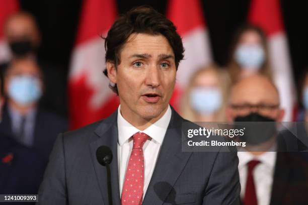 Justin Trudeau, Canada's prime minister, speaks during a press conference at the Fairmont Chateau Laurier in Ottawa, Ontario, Canada, on Monday, May...