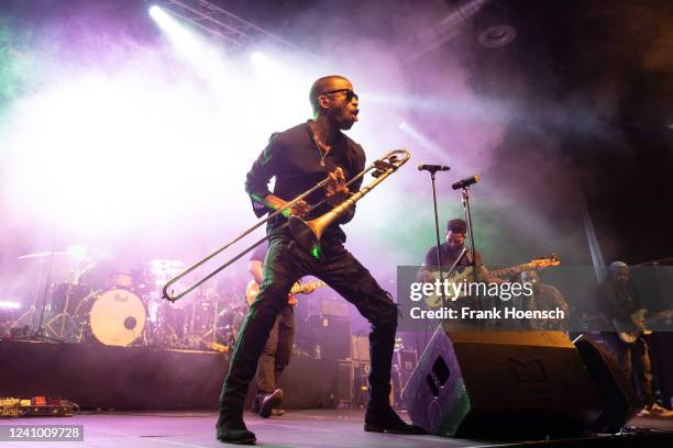 American singer and trombonist Trombone Shorty performs live on stage during a concert at the Huxleys on May 30, 2022 in Berlin, Germany.