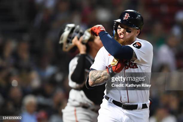 Alex Verdugo of the Boston Red Sox yells out in frustration in the fourth inning against the Baltimore Orioles at Fenway Park on May 28, 2022 in...