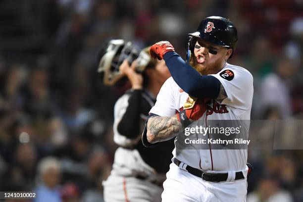 Alex Verdugo of the Boston Red Sox yells out in frustration in the fourth inning against the Baltimore Orioles at Fenway Park on May 28, 2022 in...