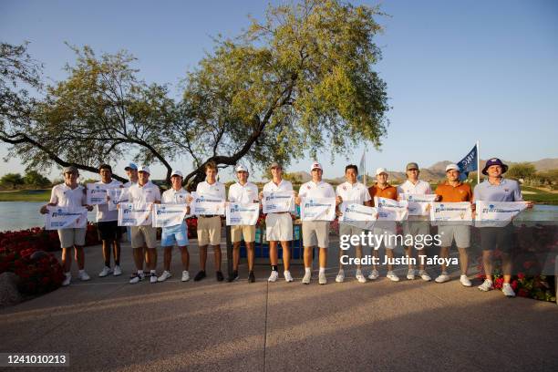 The top fifteen individuals pose with their awards during the Division I Mens Golf Championship held at the Grayhawk Golf Club on May 30, 2022 in...