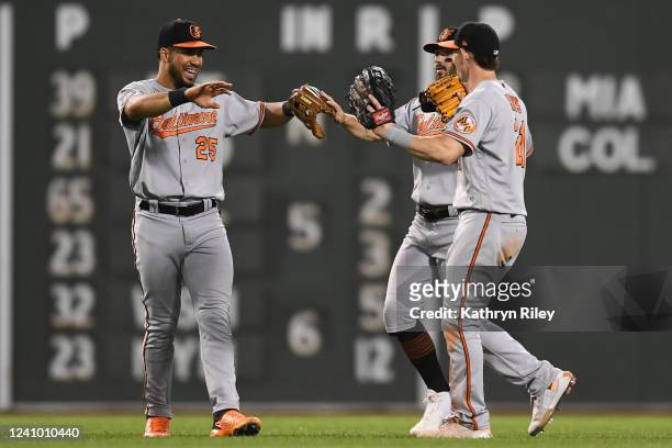 Anthony Santander, Ryan McKenna, and Austin Hays of the Baltimore Orioles celebrate after beating the Boston Red Sox at Fenway Park on May 28, 2022...
