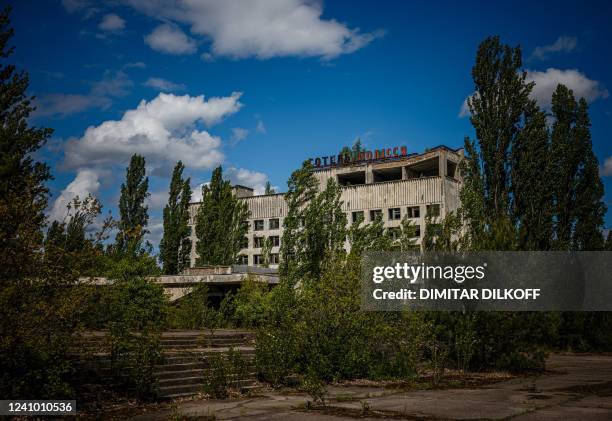 Photograph shows the Hotel Polissya in the ghost town of Pripyat near the Chernobyl Nuclear Power Plant on May 29 amid the Russian invasion of...