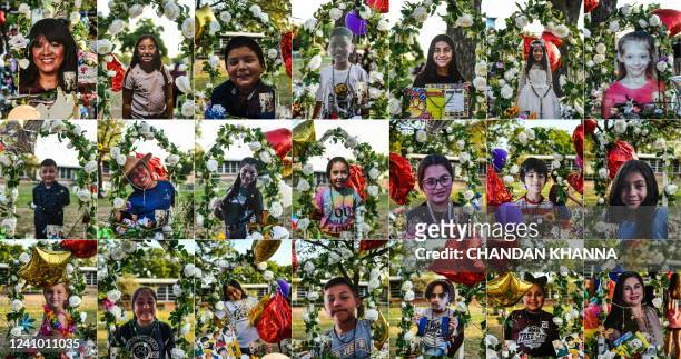 In this combination of pictures created on May 30, 2022 shows photos of 19 children and 2 teachers who died in the mass shooting are displayed at a...