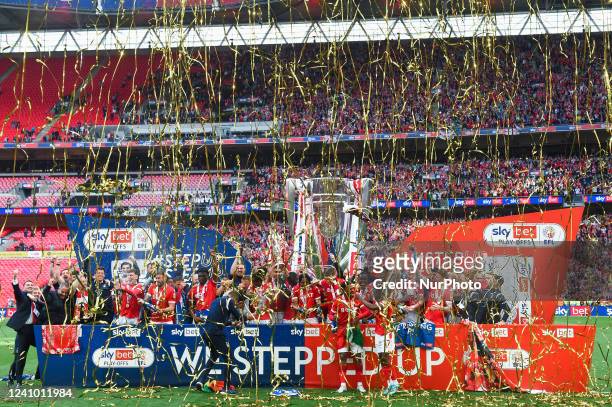 Celebrations start confirming Nottingham Forest are promoted to the premier League during the Sky Bet Championship Play-Off Final between...
