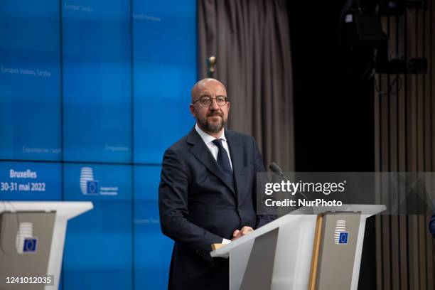 Charles Michel President of the European Council at the press conference with Ursula von der Leyen President of the European Commission while...