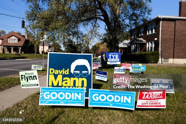 Political signs are seen near the line that divides congressional districts in Cincinnati, Ohio on November 7, 2021. Republican officials in the area...