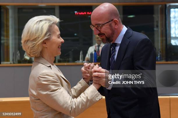 President of the European Commission Ursula von der Leyen is greeted by President of the European Council Charles Michel ahead of EU leaders...