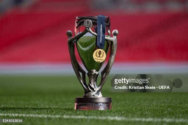 View of the Finalissima trophy and medal ahead of the Finalissima 2022 match between Italy and Argentina on June 1st at Wembley Stadium on May 30 in...