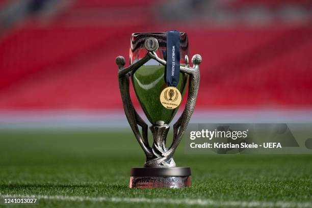 View of the Finalissima trophy and medal ahead of the Finalissima 2022 match between Italy and Argentina on June 1st at Wembley Stadium on May 30 in...