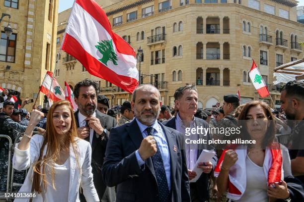May 2022, Lebanon, Beirut: Lebanese activists Cynthia Zarazir, Wadah Sadek, Yassin Yassin, Elias Jradi and Halmia Kaakour, who were elected as...