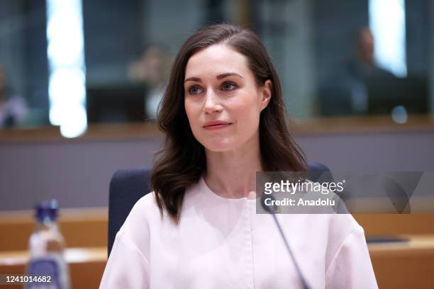 Finnish Prime Minister Sanna Marin attends a meeting on the second day of the EU Leaders' Summit in Brussels, Belgium on May 31, 2022.