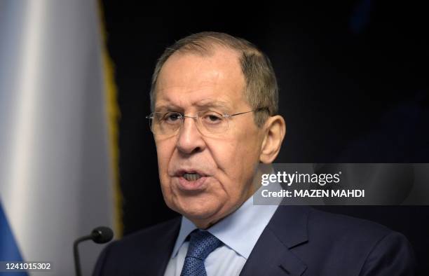 Russia's Foreign Minister Sergei Lavrov speaks during a joint press conference with Bahrain's Foreign Minister at the Bahraini Ministry of Foreign...