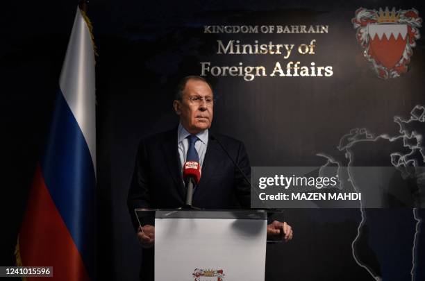 Russia's Foreign Minister Sergei Lavrov speaks during a joint press conference with Bahrain's Foreign Minister at the Bahraini Ministry of Foreign...