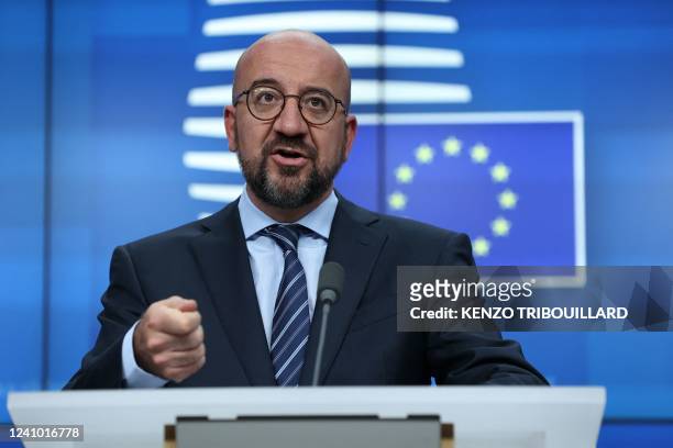 European Council chief Charles Michel speaks during the closing press conference of an European Union summit on Ukraine, defence and energy, in...
