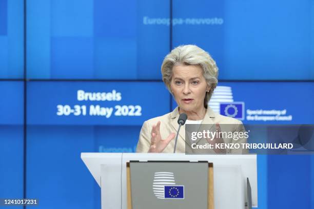 European Commission president Ursula von der Leyen addresses the closing press conference of an European Union summit on Ukraine, defence and energy,...