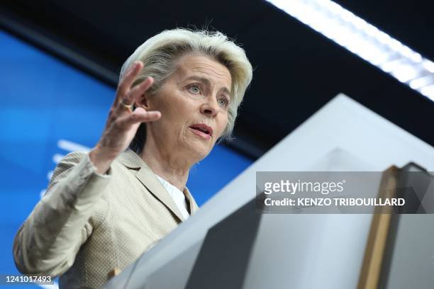 European Commission president Ursula von der Leyen addresses the closing press conference of an European Union summit on Ukraine, defence and energy,...