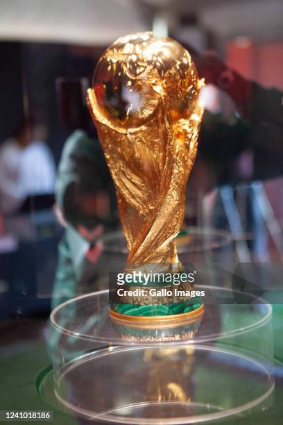 View of the FIFA World Cup Trophy at Maponya Mall on May 29, 2022 in Soweto, South Africa. The tour sees the trophy travel around the world and...