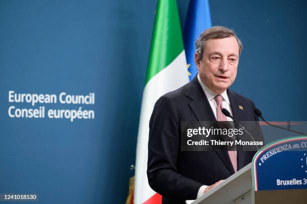 Italian Prime Minister Mario Draghi is talking to media at the end of an EU Summit on May 31, 2022 in Brussels, Belgium. The European Council...