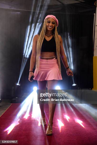 DiJonai Carrington of the Connecticut Sun of the Connecticut Sun arrives at the arena before the game against the Dallas Wings on May 26, 2022 at...