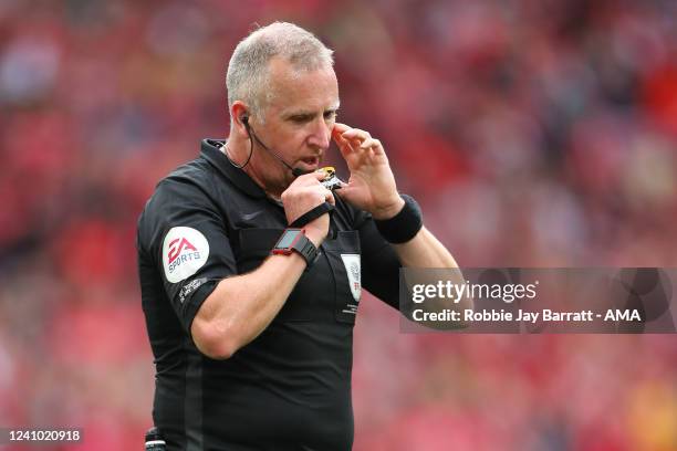 Referee Jon Moss during the Sky Bet Championship Play-Off Final match between Huddersfield Town and Nottingham Forest at Wembley Stadium on May 29,...