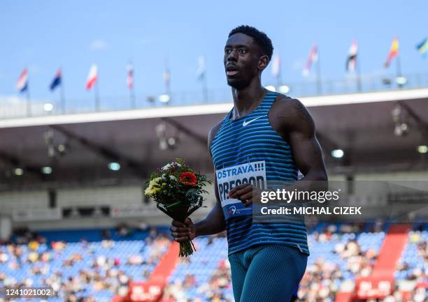 Britain's Reece Prescod celebrates after winning the Men's 100m event at the IAAF 2022 Golden Spike Athletics Meeting in Ostrava, Czech Republic on...