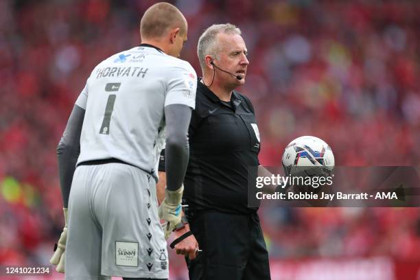 Referee Jon Moss during the Sky Bet Championship Play-Off Final match between Huddersfield Town and Nottingham Forest at Wembley Stadium on May 29,...