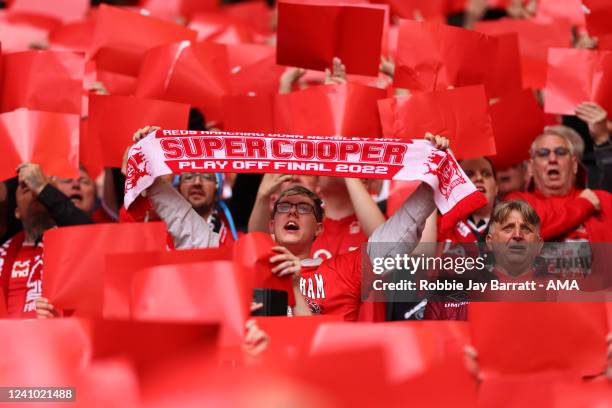 Fan of Nottingham Forest holds up a scarf which reads Super Cooper during the Sky Bet Championship Play-Off Final match between Huddersfield Town and...