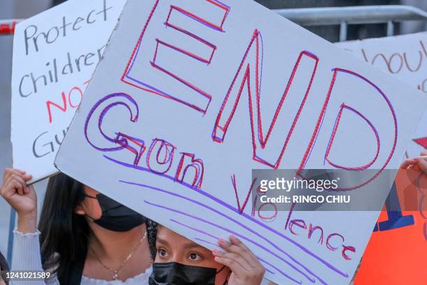 Students participate in a school walk-out and protest in front of City Hall to condemn gun violence, in Los Angeles, California on May 31, 2022.