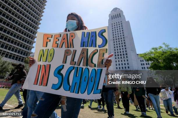 Students participate in a school walk-out and protest in front of City Hall to condemn gun violence, in Los Angeles, California on May 31, 2022.