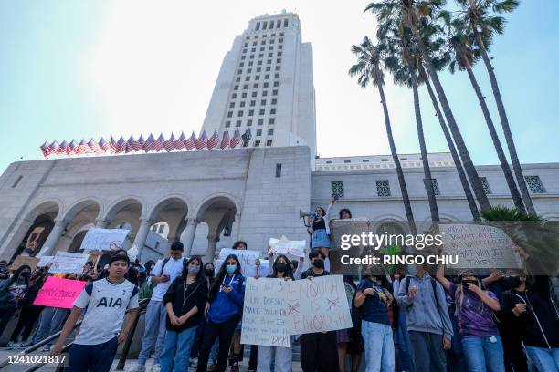 Students participate in a school walk-out and protest in front of City Hall to condemn gun violence, in Los Angeles, California on May 31, 2022.