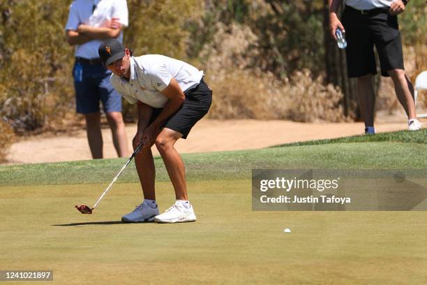 Cameron Sisk of the Arizona State Sun Devils celebrates winning his match to move on to the semifinals of the Division I Mens Golf Championship Match...