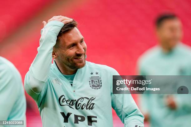 Lionel Messi of Argentina laughs during the Finalissima 2022 Argentina Training Session at Wembley Stadium on May 31, 2022 in London, England.