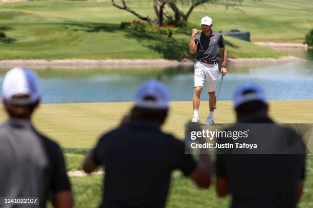 Reid Davenport of the Vanderbilt Commodores celebrates winning his match against the Texas Tech Red Raiders to advance to the semifinals during the...