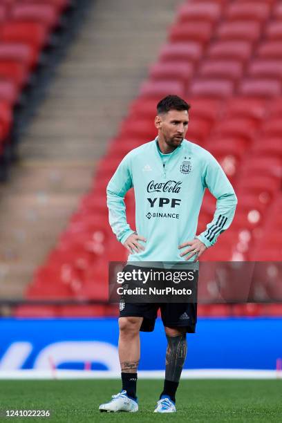 Lionel Messi of Argentina during the Argentina Training Session at Wembley Stadium on May 31, 2022 in London, England.