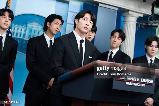 The K-pop band from South Korea, speaks at the White House press briefing before a meeting with President Joe Biden to discuss anti-Asian hate crimes...