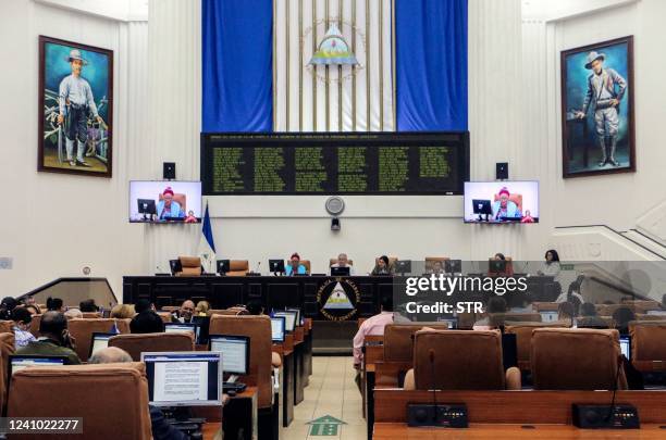 General view of the Nicaraguan Parliament during a session in Managua on May 31, 2022. - Nicaragua's parliament on May 31 dissolved 82...