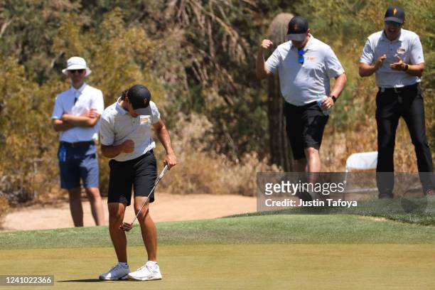 Cameron Sisk of the Arizona State Sun Devils celebrates winning his match to move on to the semifinals of the Division I Mens Golf Championship Match...