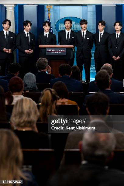 Members of the South Korean pop group BTS or Bantam Boys, speak at the daily press briefing at the White House, on Tuesday, May 31, 2022 in...