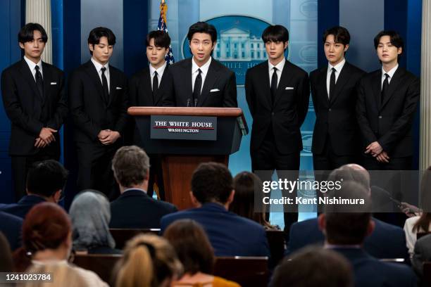 Members of the South Korean pop group BTS or Bantam Boys, speak at the daily press briefing at the White House, on Tuesday, May 31, 2022 in...