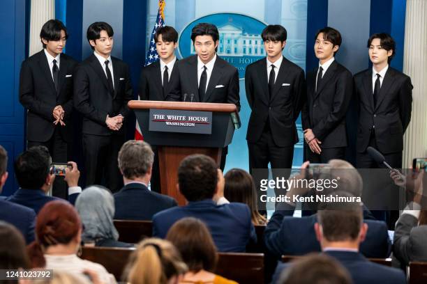 Members of the South Korean pop group BTS or Bantam Boys, V , JK , Jimin , RM Rap Monster , Jin , J-Hope and Suga speak at the daily press briefing...