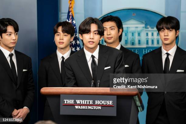 Members of the South Korean pop group BTS or Bantam Boys, speak at the daily press briefing at the White House, on Tuesday, May 31, 2022 in...