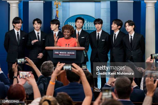 Members of the South Korean pop group BTS or Bantam Boys, arrive for the daily press briefing with Press Secretary Karine Jean-Pierre at the White...