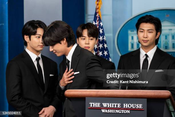 Members of the South Korean pop group BTS or Bantam Boys, speak at the daily press briefing at the White House, on Tuesday, May 31, 2022 in...