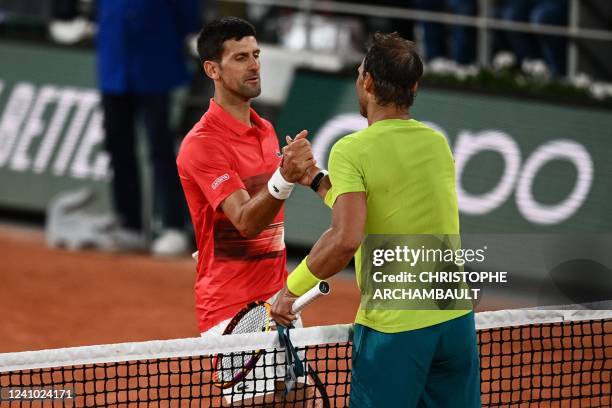 Spain's Rafael Nadal shakes hands with Serbia's Novak Djokovic after winning at the end of their men's singles match on day ten of the Roland-Garros...