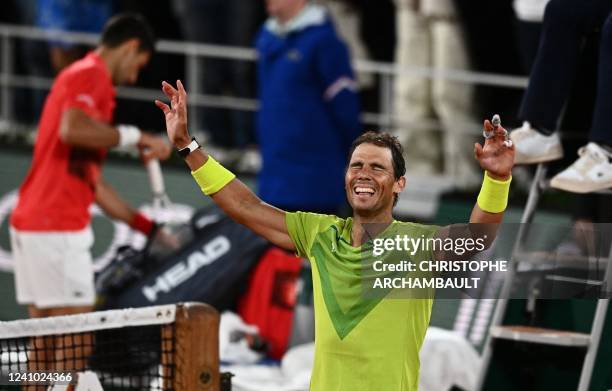 Spain's Rafael Nadal reacts after winning against Serbia's Novak Djokovic at the end of their men's singles match on day ten of the Roland-Garros...