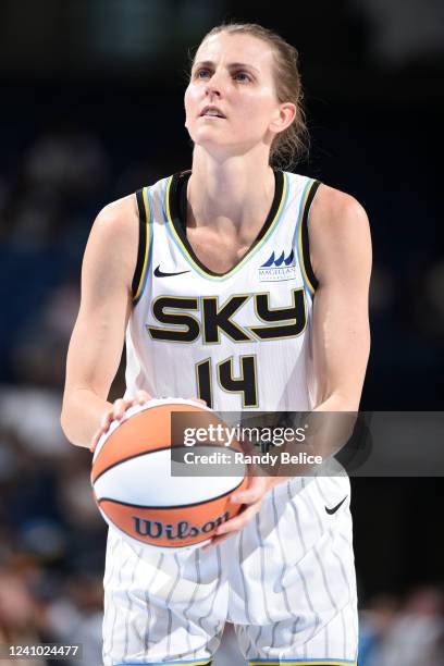 Allie Quigley of the Chicago Sky prepares to shoot a free throw during the game against the Phoenix Mercury on May 31, 2022 at the Wintrust Arena in...