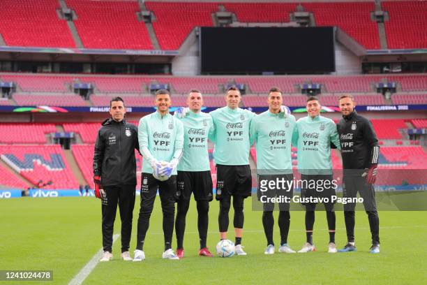 Geronimo Rulli, Franco Armani, Emiliano Martinez and Juan Musso goalkeepers of Argentina pose during the Argentina Training Session at Wembley...