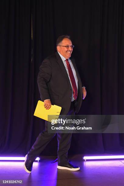 On TNT Analyst Stan Van Gundy looks on before Game 3 of the 2022 NBA Playoffs Western Conference Finals on MAY 22, 2022 at the American Airlines...