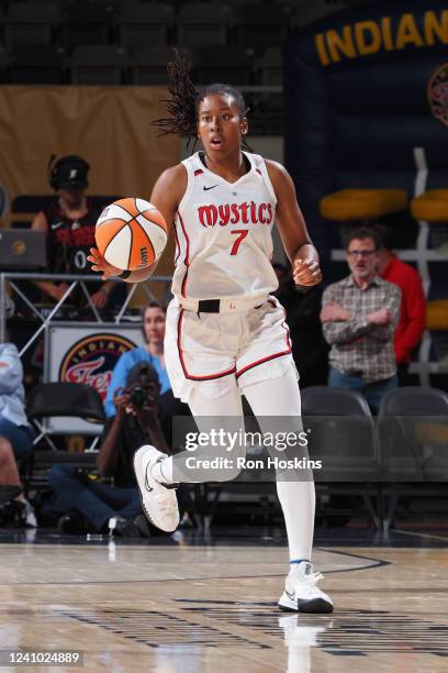 Ariel Atkins of the Washington Mystics drives to the basket during the game against the Indiana Fever on May 31, 2022 at Gainbridge Fieldhouse in...